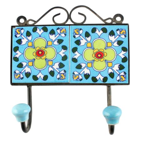 Turquoise Lime Floral Ceramic Tiles HooK
